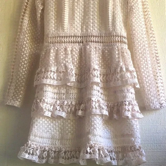 AQUA ivory crochet knit lace sheer long sleeve ruffle tier layered dress - Picture 16 of 16